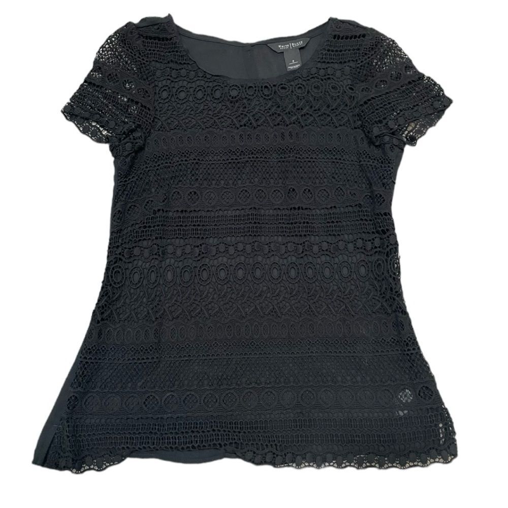 White House Black Market Black Crochet Sheer Back Top Size 2